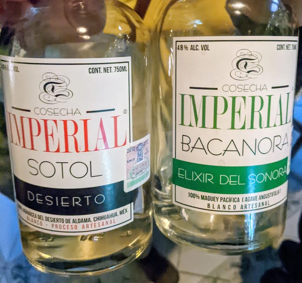 Bottles of Sotol and Bacanora. Cosecha Imperial brand