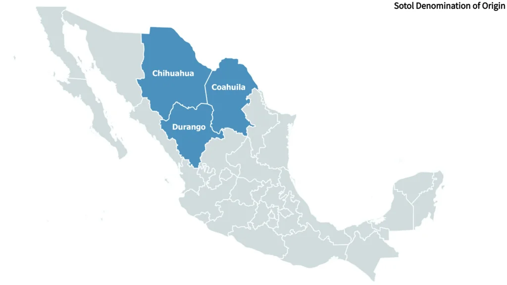 Map showing denomination of origin states for Sotol in Mexico