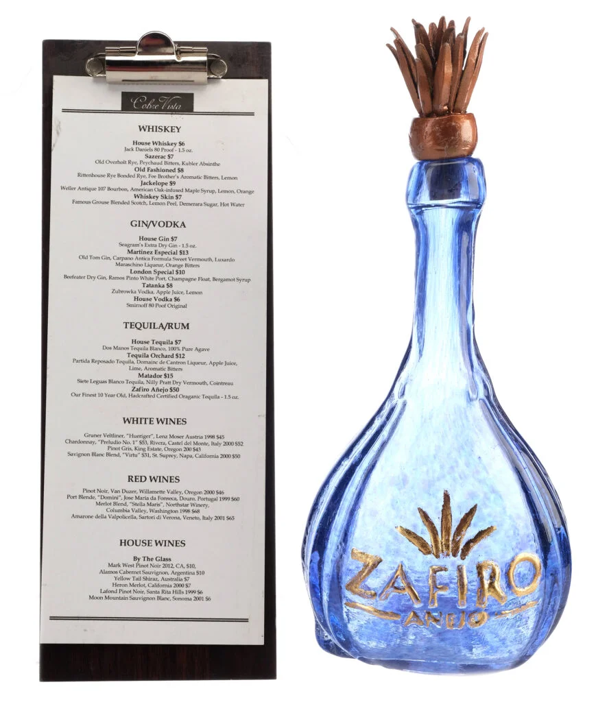 Zafiro Anejo Bottle and menu Menu and bottle of Zafiro Anejo props from Better Call Saul