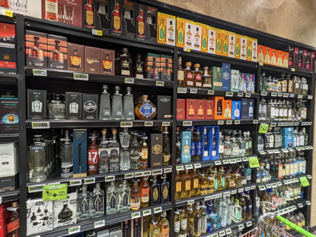 Tequila shelves at supermarket