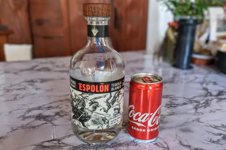 Tequila bottle Espolon brand with can of Mexican coke