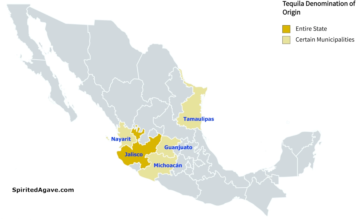 Map of the Tequila Denomination of Origin. States and Municipalities of Mexico