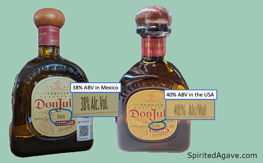 Don Julio bottles Mex (38%) vs US (40%) ABV