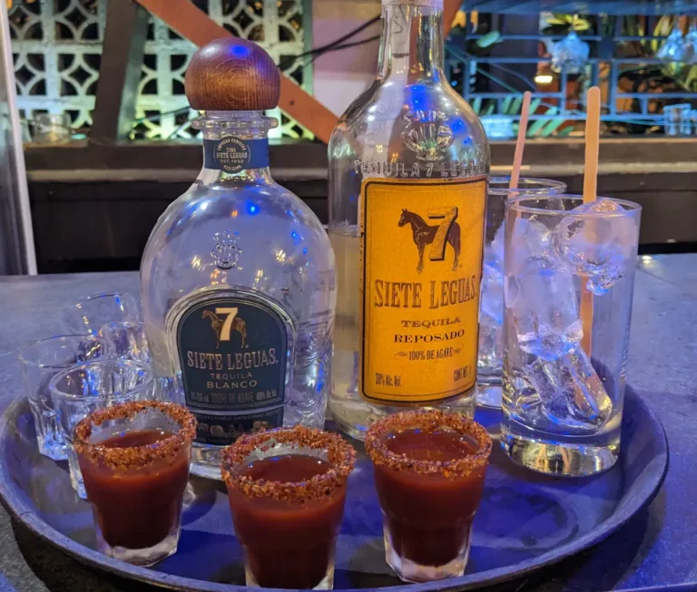 Tray with Siete Leguas Blanco and Reposado tequila and glasses of sangrita