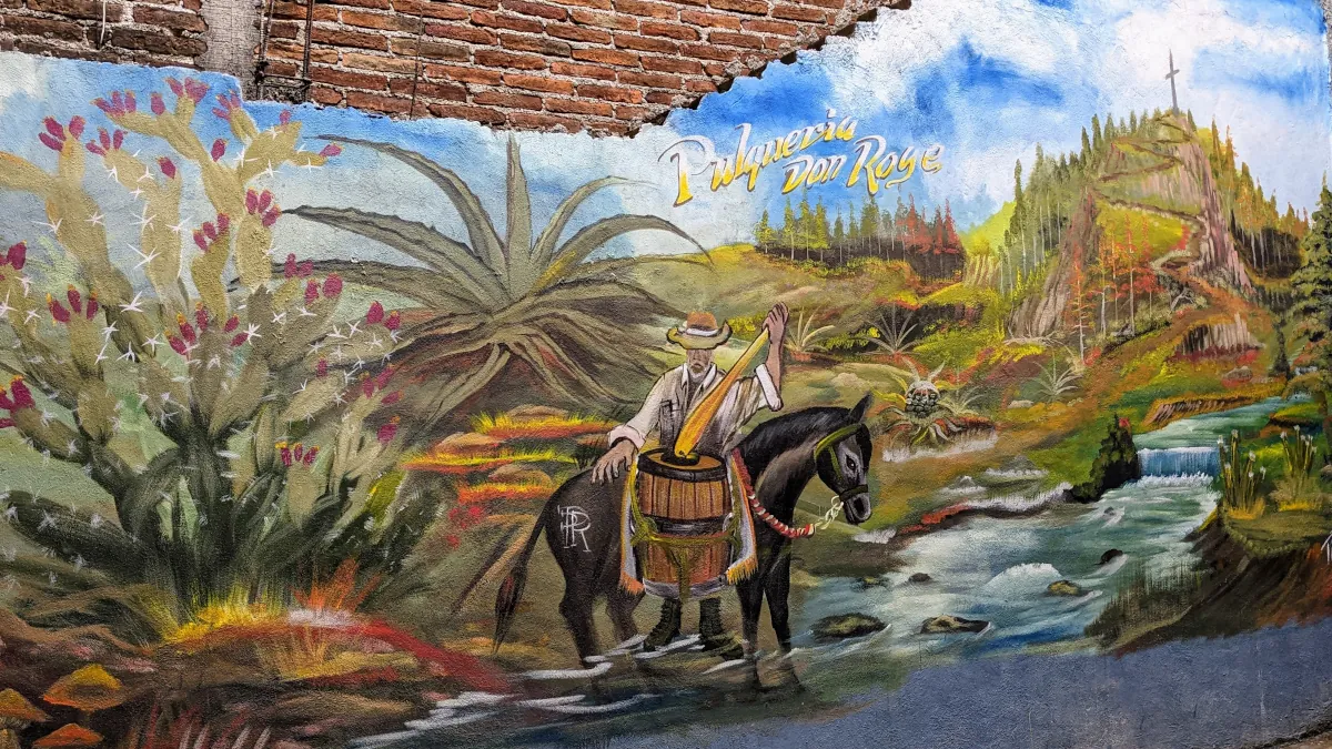 Tlachiquero mural with acocote and donkey