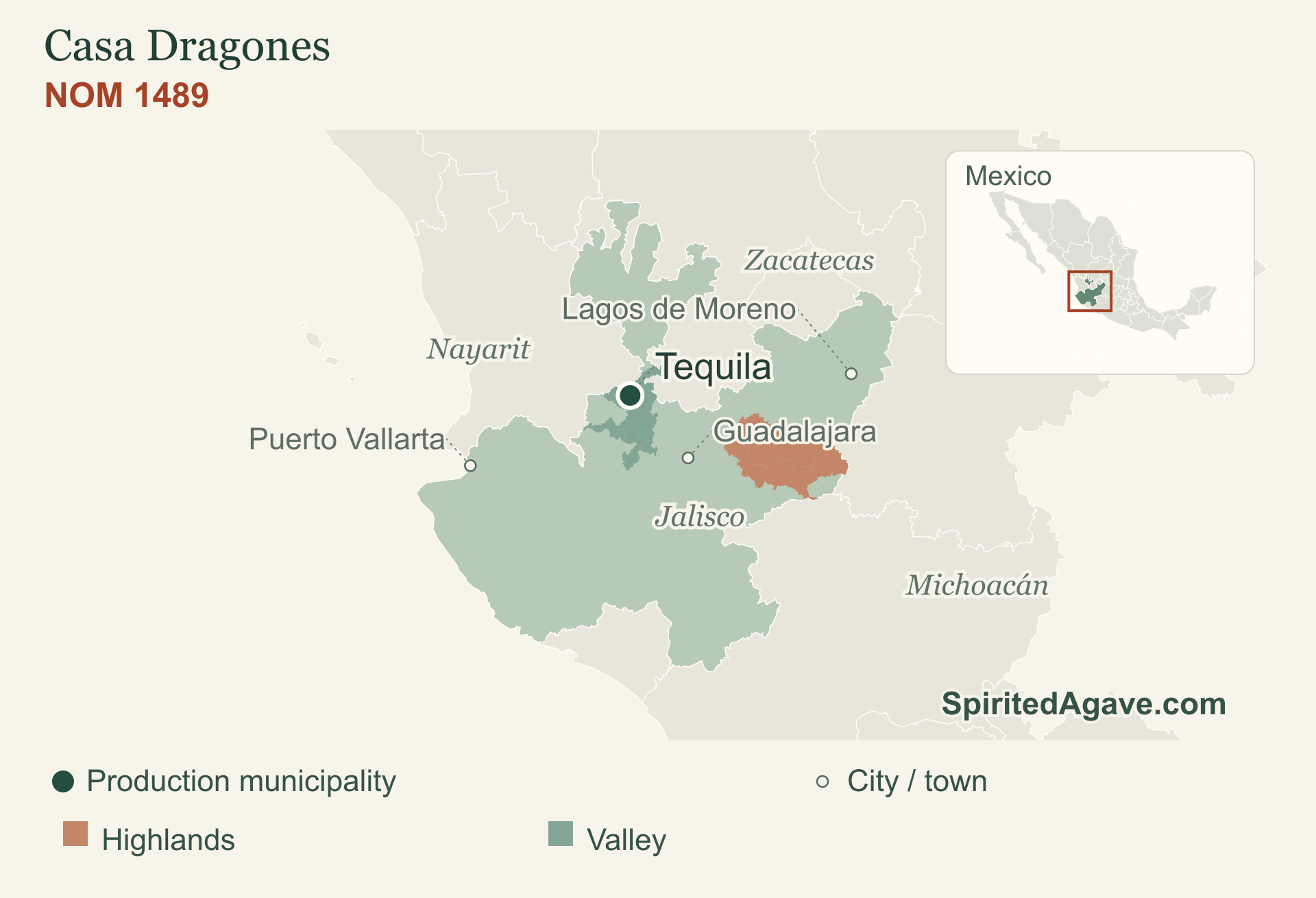 NOM 1489. Tequila. Production municipality markers; neighboring states provide orientation.
