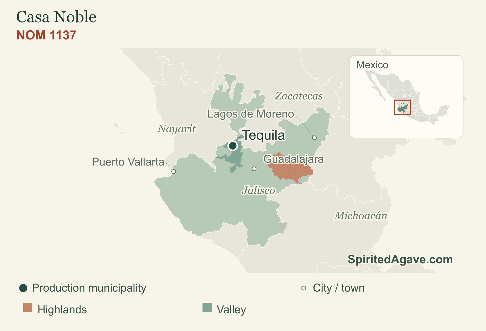 NOM 1137. Tequila. Production municipality markers; neighboring states provide orientation.