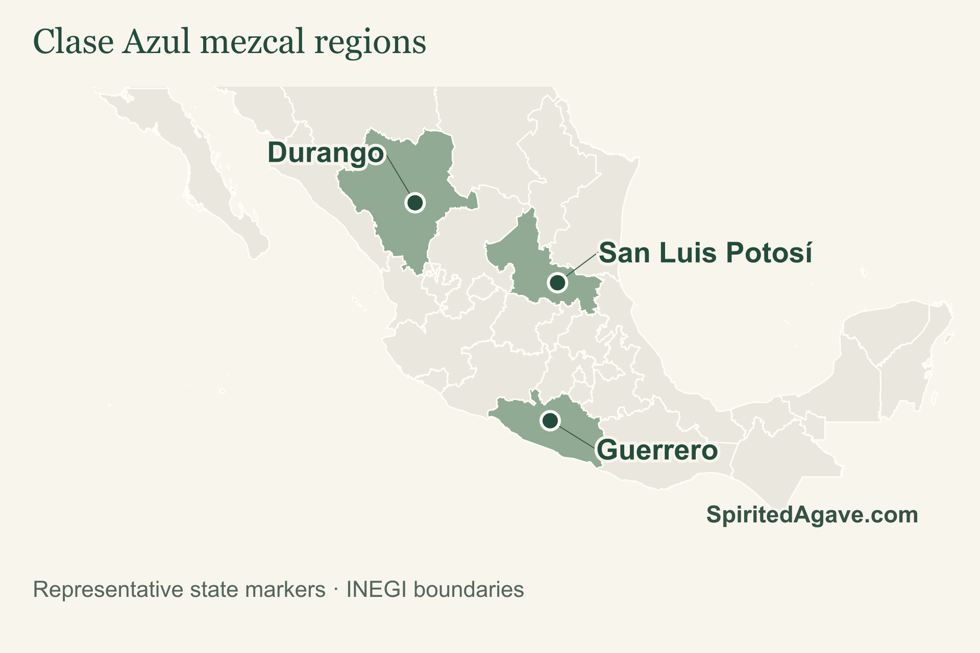 Durango, Guerrero, San Luis Potosí. Dots identify the states.