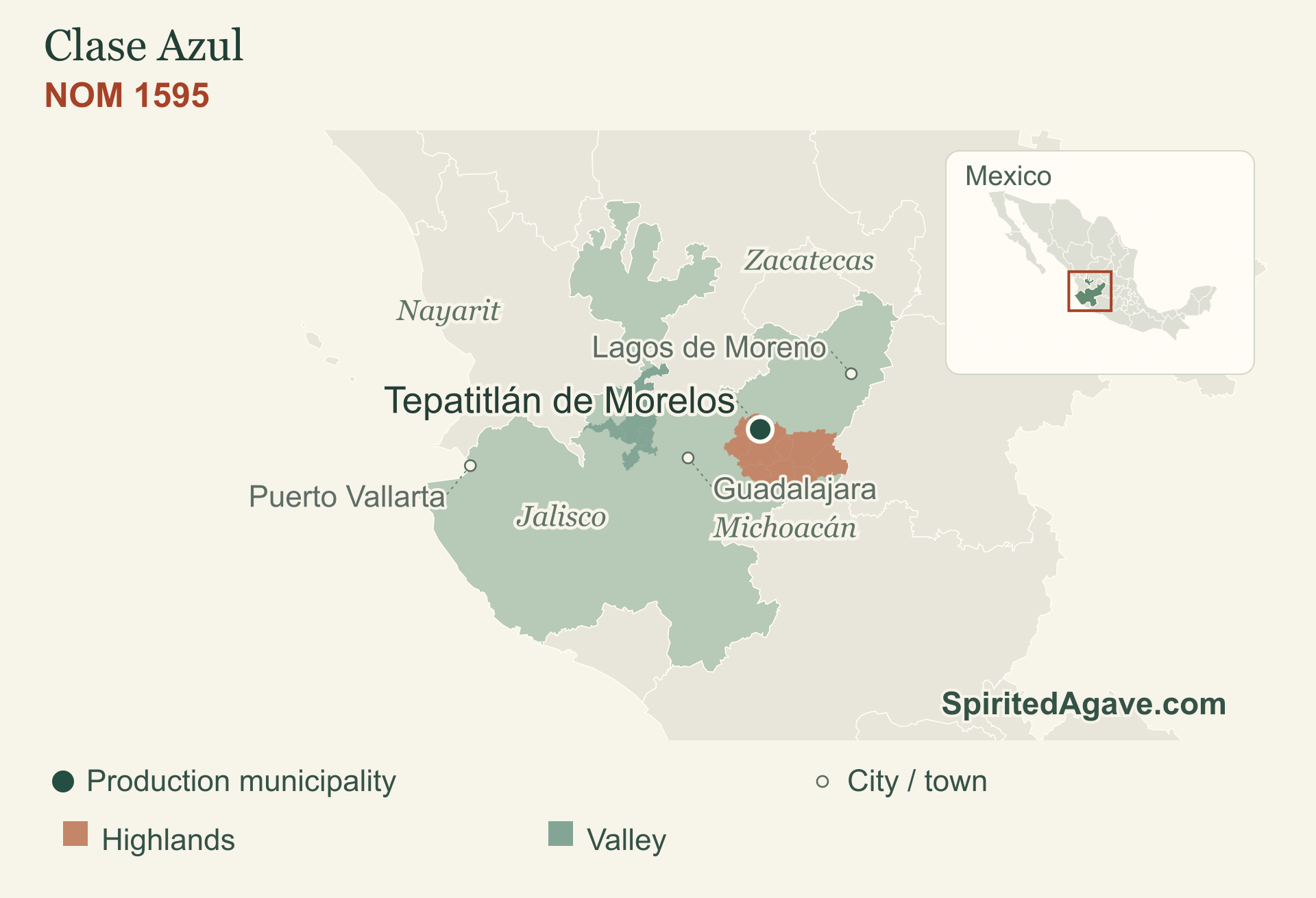 NOM 1595. Tepatitlán de Morelos. Production municipality markers; neighboring states provide orientation.