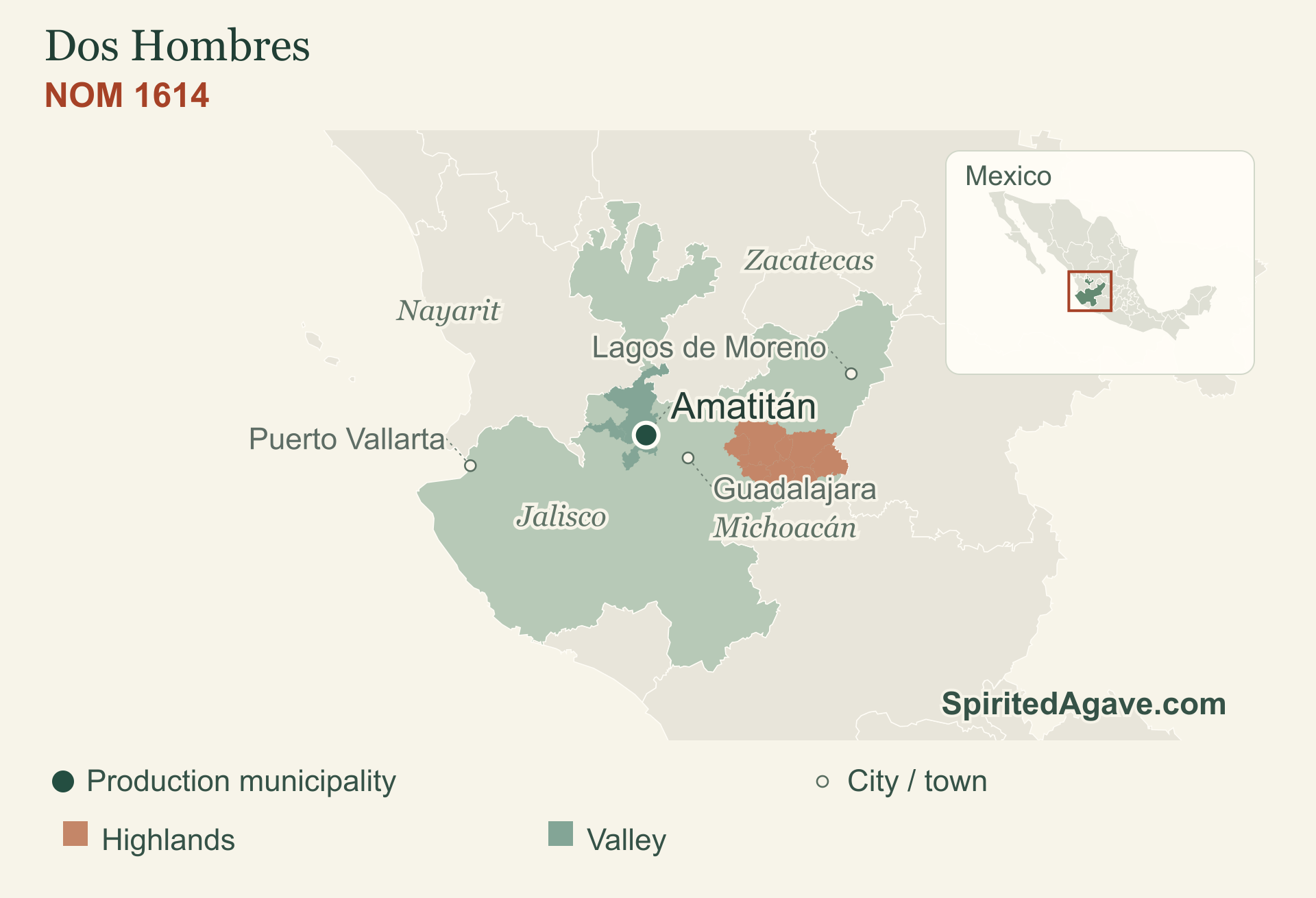 NOM 1614. Amatitán. Production municipality markers; neighboring states provide orientation.