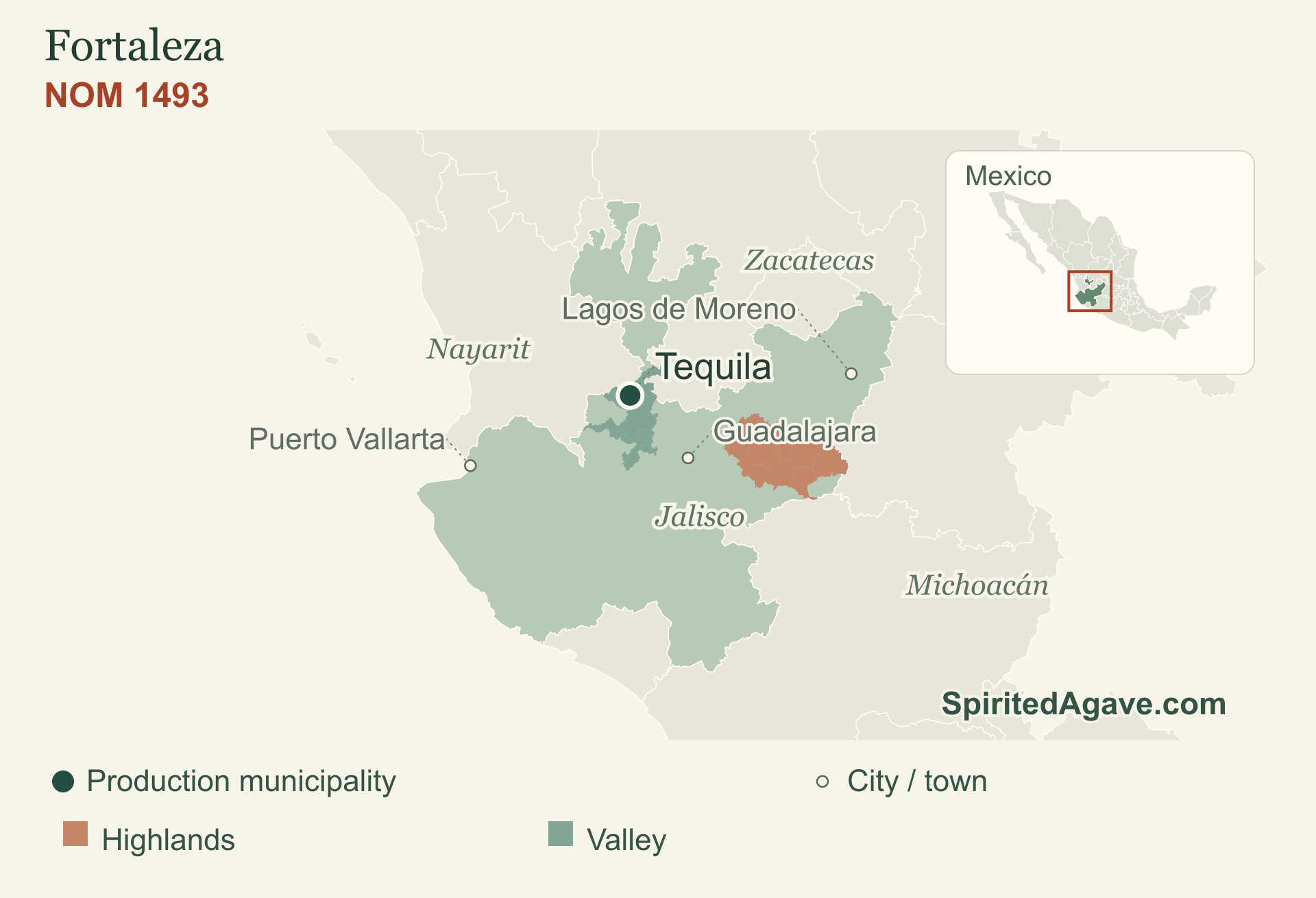 NOM 1493. Tequila. Production municipality markers; neighboring states provide orientation.