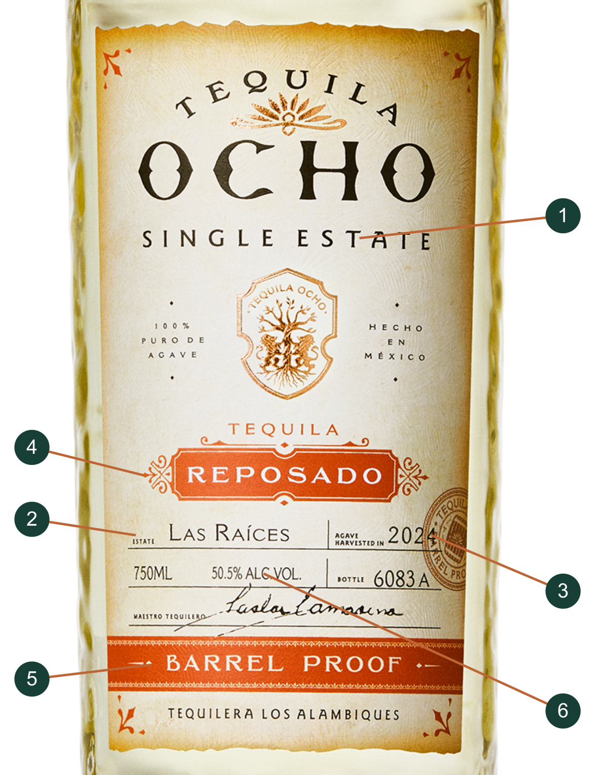 Las Raíces 2024 · Barrel Proof Reposado label with numbered details