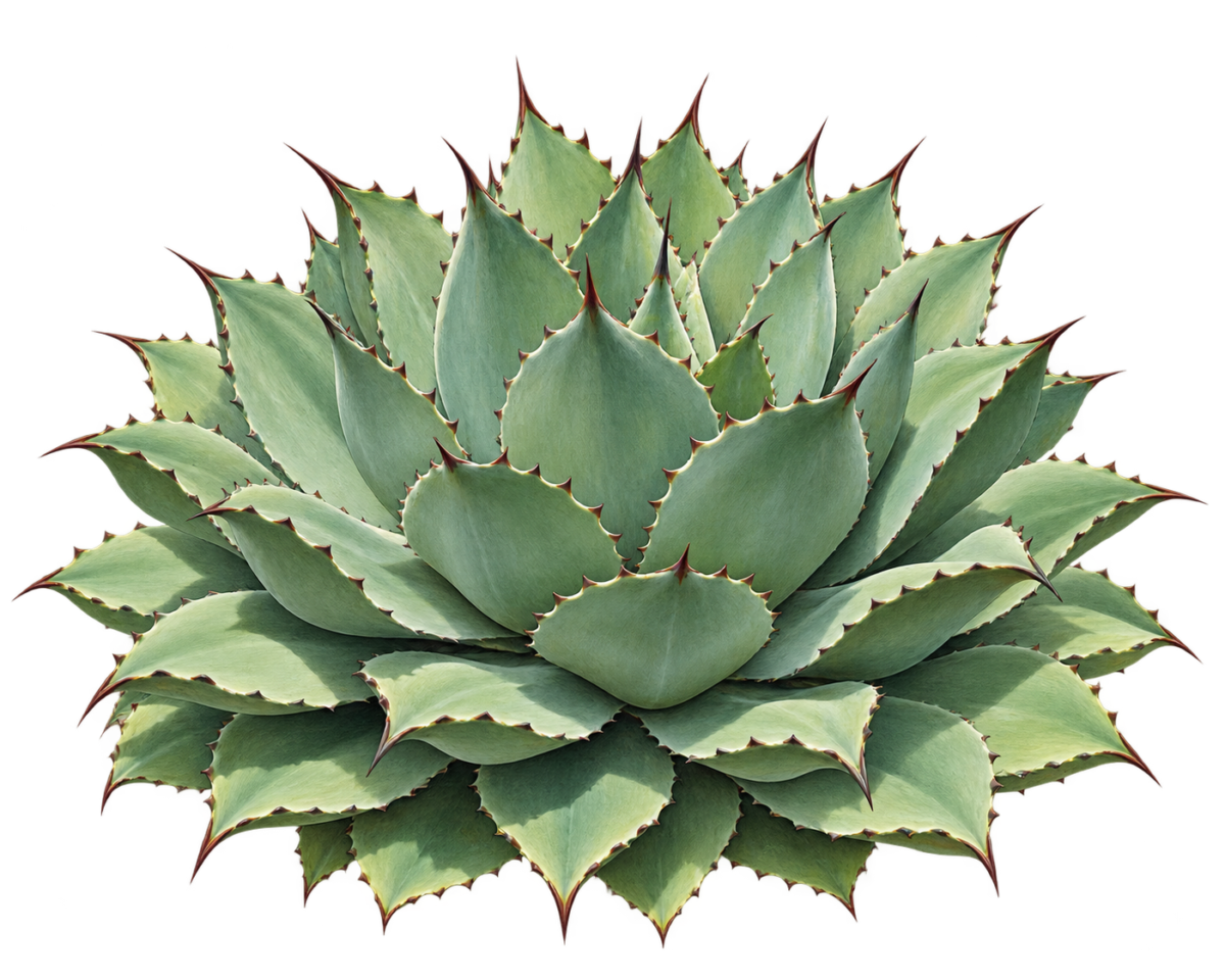 Agave potatorum rosette showing layered broad leaves, raised toothed margins and brown terminal spines.