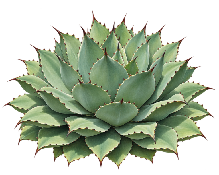 Agave potatorum rosette showing layered broad leaves, raised toothed margins and brown terminal spines.