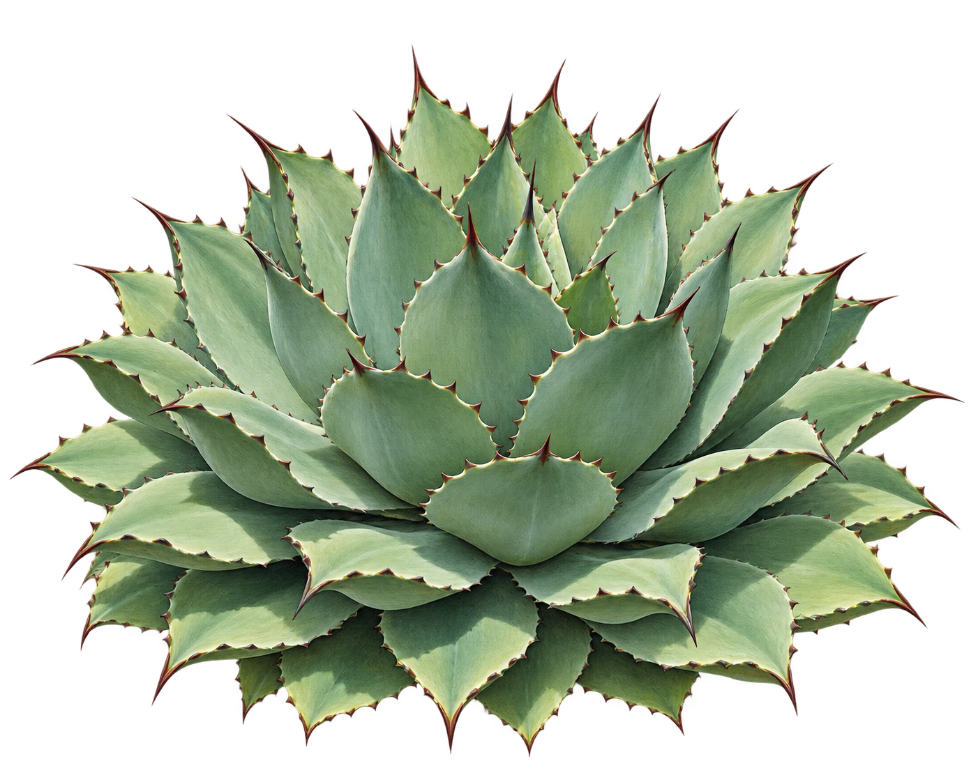 Agave potatorum rosette showing layered broad leaves, raised toothed margins and brown terminal spines.