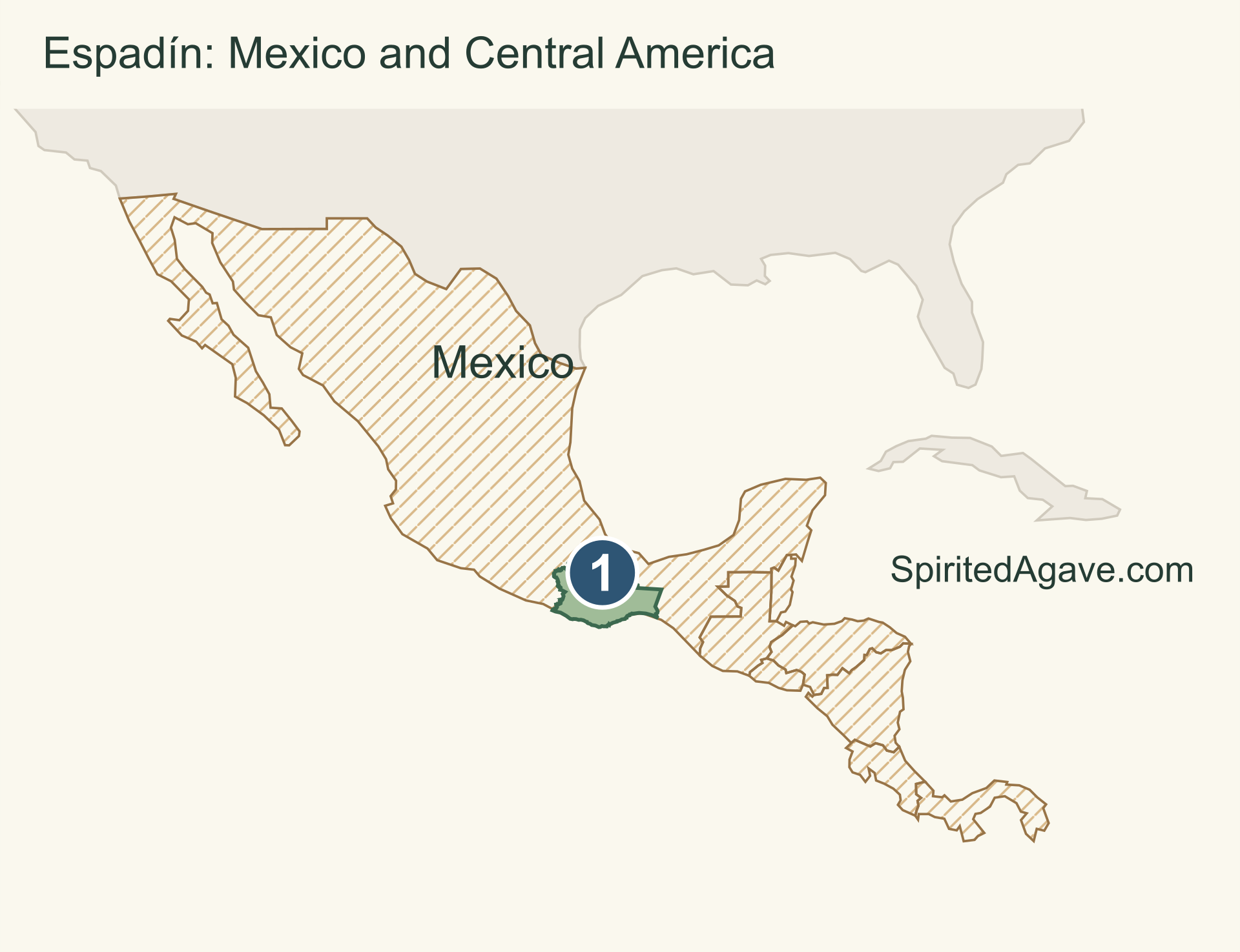 Mexico and Central America with Oaxaca highlighted and numbered for Espadín cultivation and Chichicapa mezcal.