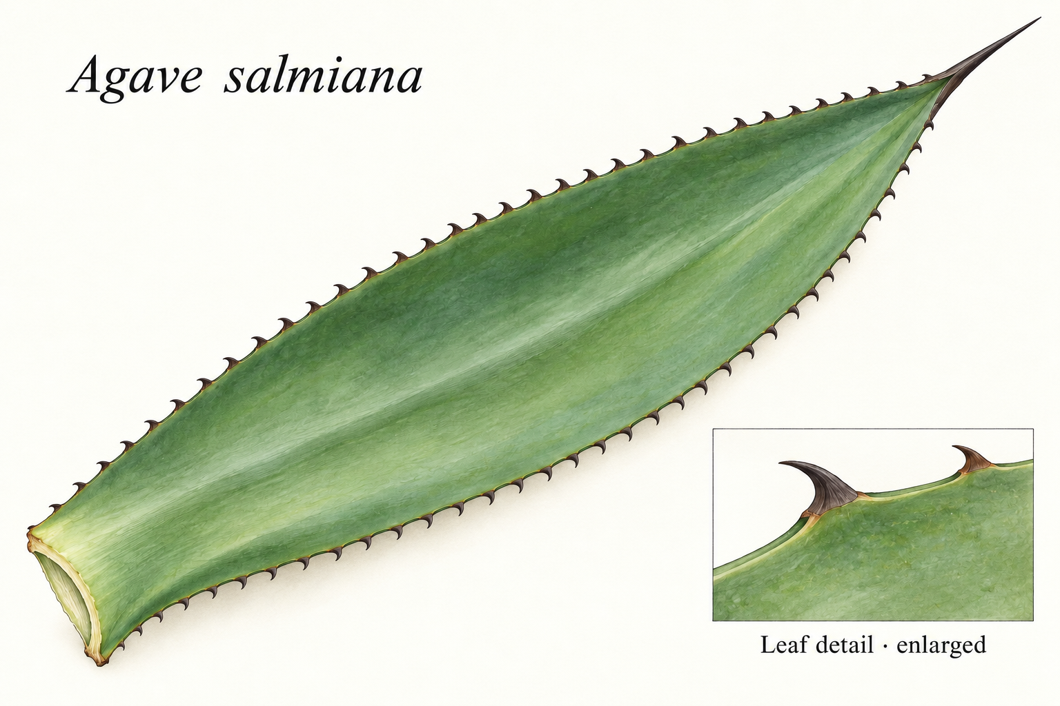 Enlarged salmiana leaf illustration with a broad blade, dark terminal spine and an inset showing hooked marginal teeth.