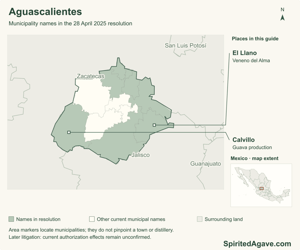Municipality names in the 28 April 2025 resolution. 11 municipal boundaries in the featured state. Named markers are municipal areas, not exact distillery locations. Later court rulings/current authorization effects unconfirmed.
