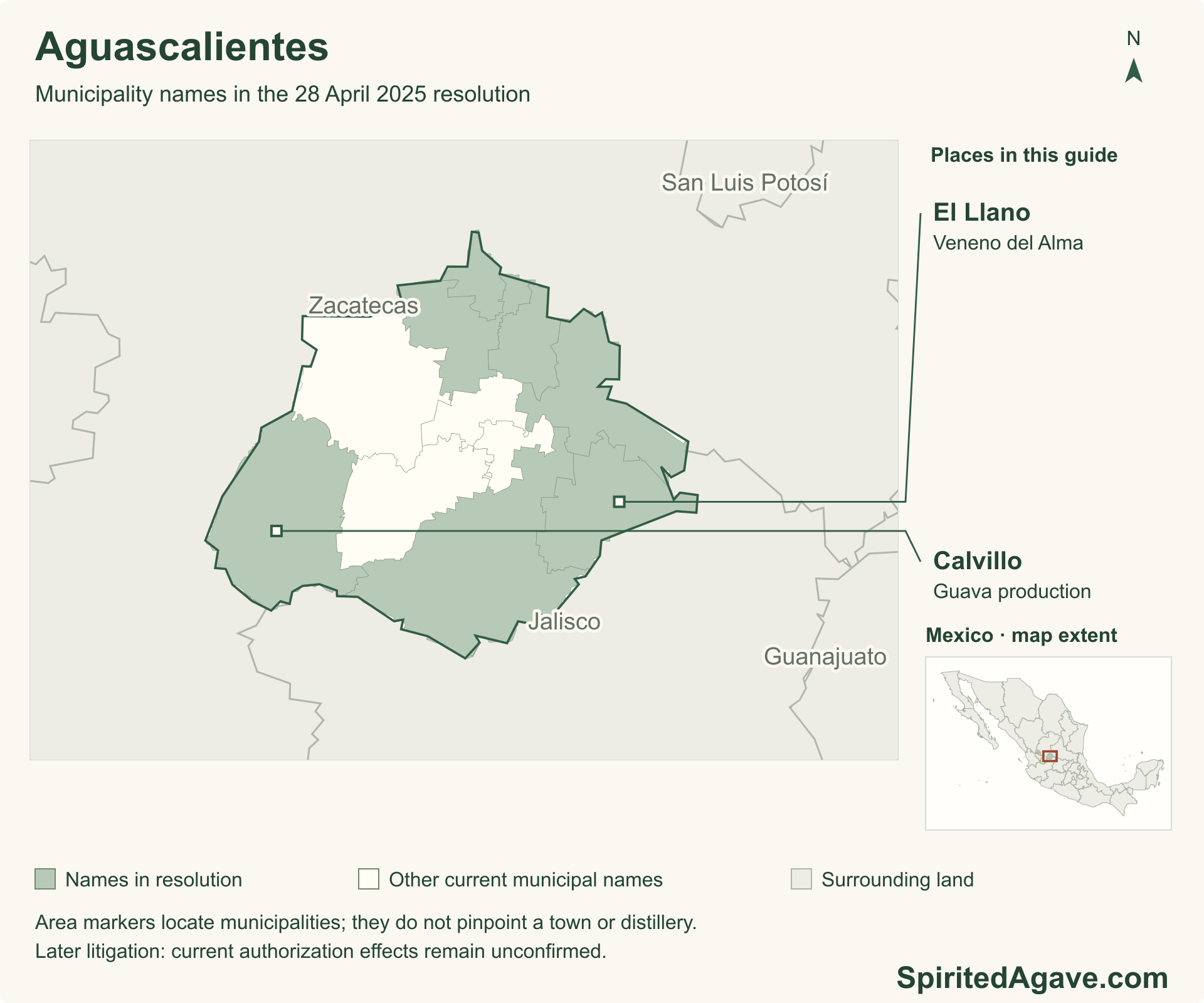 Map of the seven Aguascalientes municipalities named in the April 2025 Mezcal resolution; the map does not determine the current effect of later litigation. Neighboring states provide orientation; named markers identify municipal areas discussed in the article.