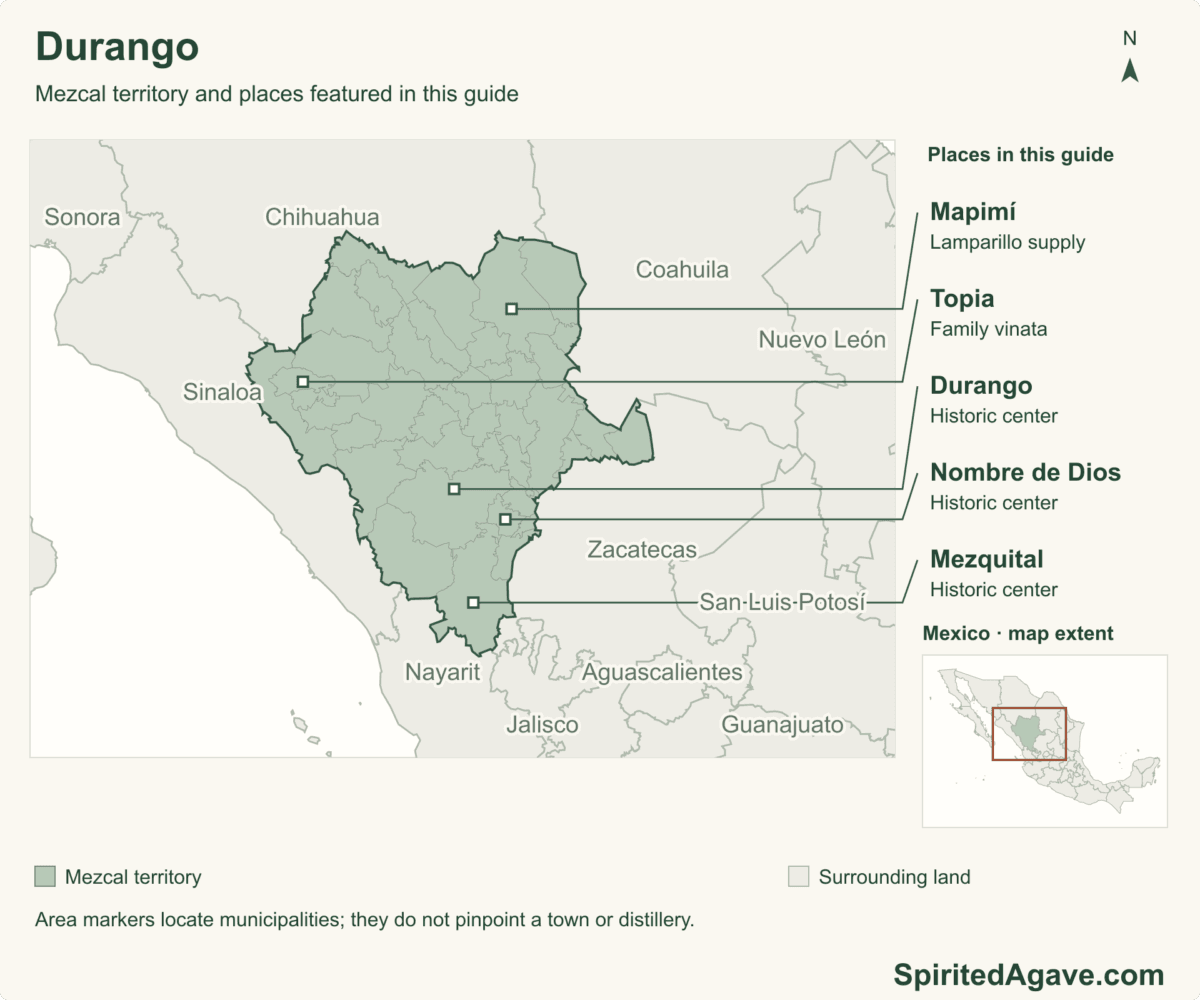 Mezcal territory and places featured in this guide. 39 municipal boundaries in the featured state. Named markers are municipal areas, not exact distillery locations.