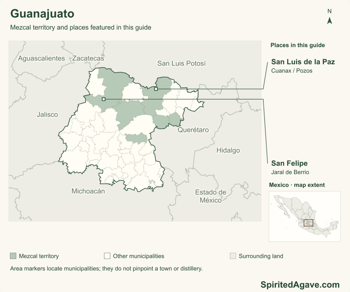 Mezcal territory and places featured in this guide. 46 municipal boundaries in the featured state. Named markers are municipal areas, not exact distillery locations.