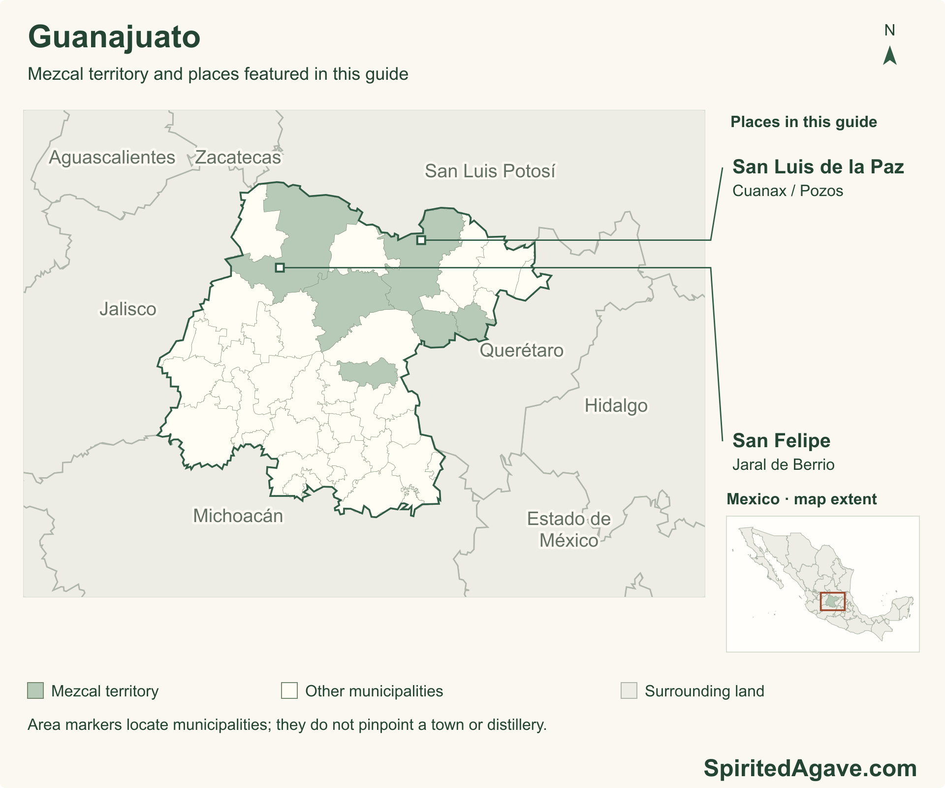 Map of Guanajuato distinguishing the six municipalities in the protected Mezcal territory, including the four additions published in May 2026 Neighboring states provide orientation; named markers identify municipal areas discussed in the article.