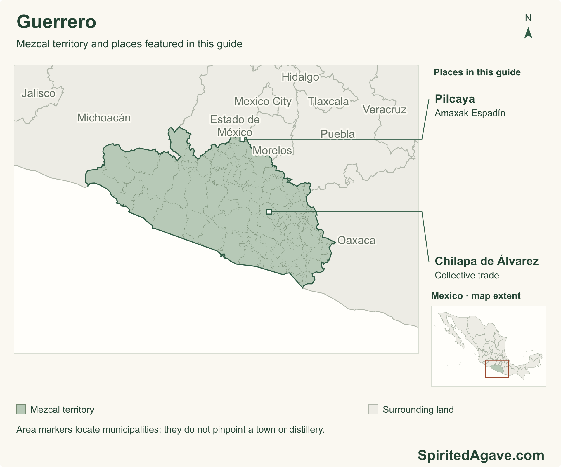 Guerrero and the surrounding states, with Chilapa’s collective-production area and Pilcaya’s northern Espadín example labeled; a Mexico inset locates the main map.