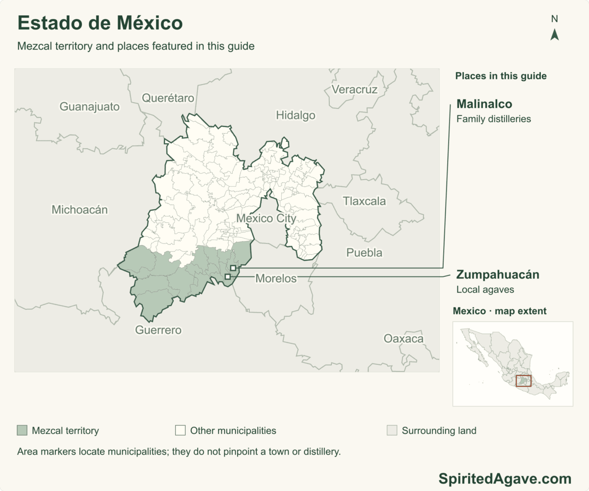 Mezcal territory and places featured in this guide. 125 municipal boundaries in the featured state. Named markers are municipal areas, not exact distillery locations.