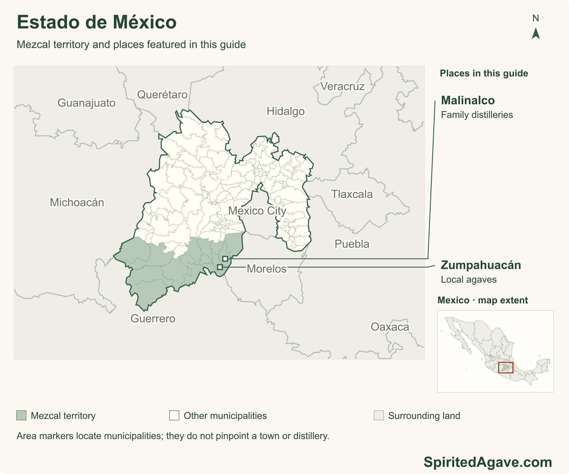 Map of Estado de México highlighting the fifteen municipalities named in the November 2025 Mezcal resolution. Neighboring states provide orientation; named markers identify municipal areas discussed in the article.