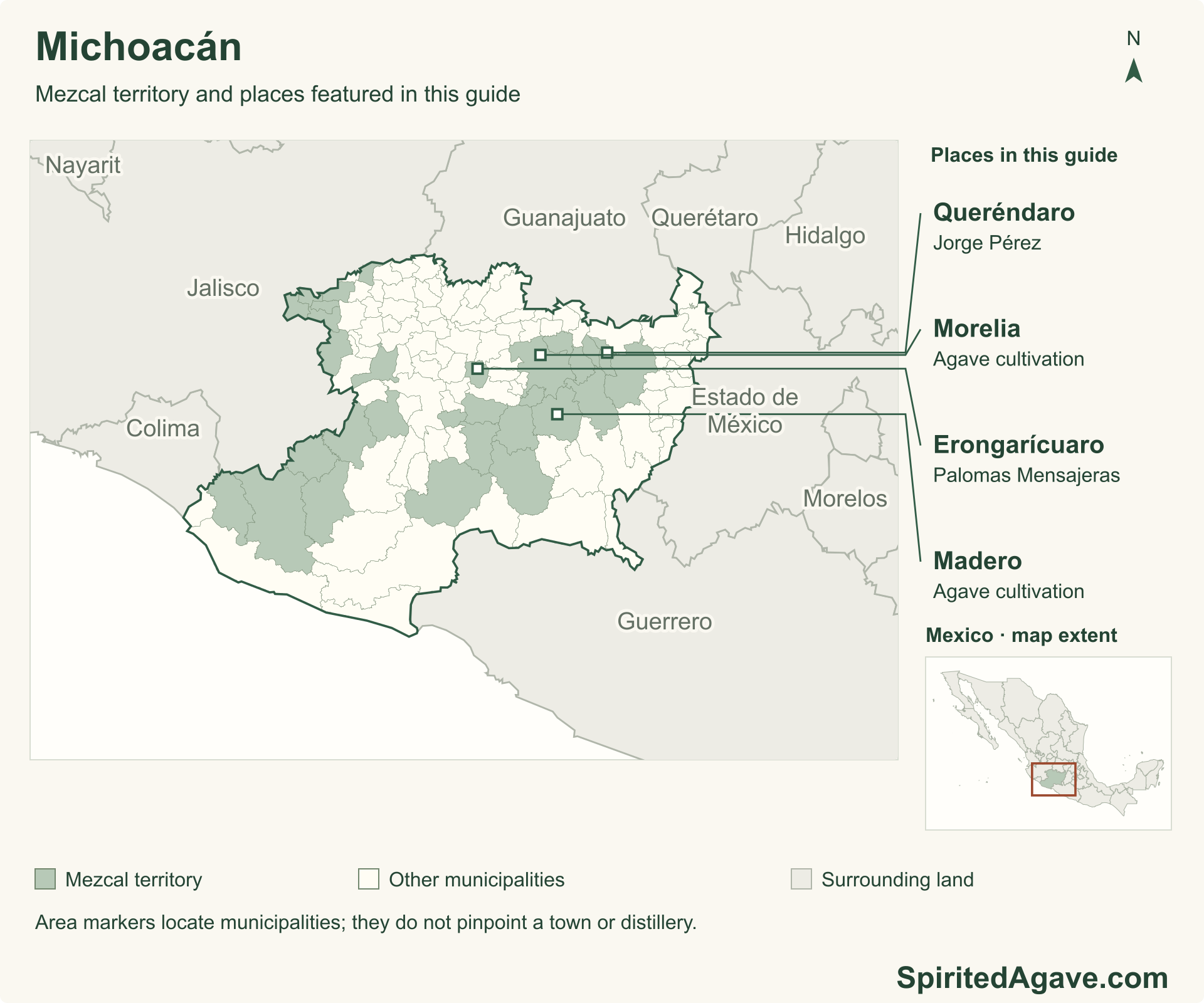 Michoacán and neighboring states, with 30 municipalities in the Mezcal territory highlighted and the Madero, Morelia, Queréndaro and Erongarícuaro areas labeled.