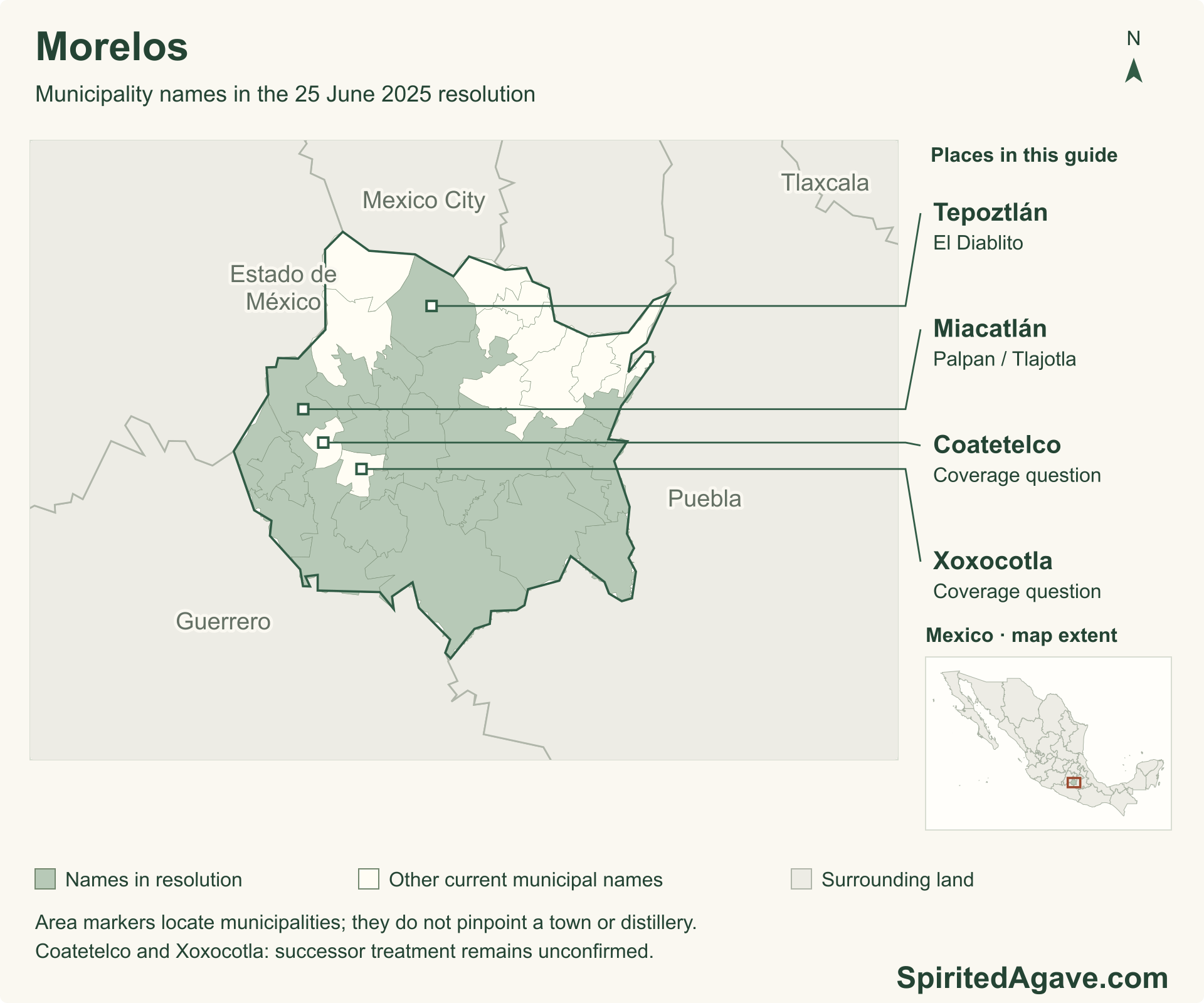Map of Morelos highlighting the twenty-three municipality names in the June 2025 resolution against current boundaries; successor-municipality coverage remains unresolved. Neighboring states provide orientation; named markers identify municipal areas discussed in the article.