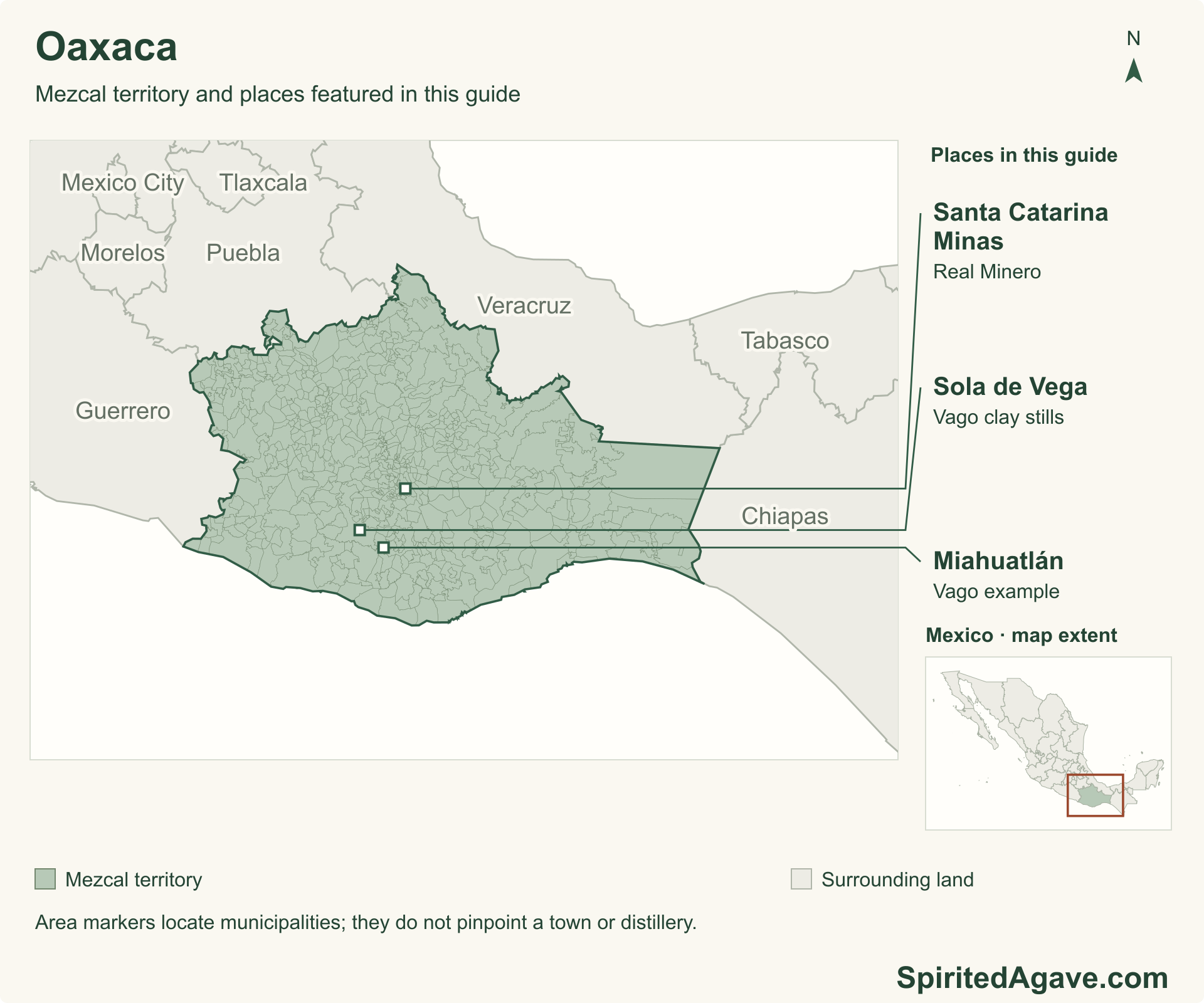 Map of Oaxaca showing the whole state within the protected Mezcal territory, municipal boundaries and orientation cities Neighboring states provide orientation; named markers identify municipal areas discussed in the article.
