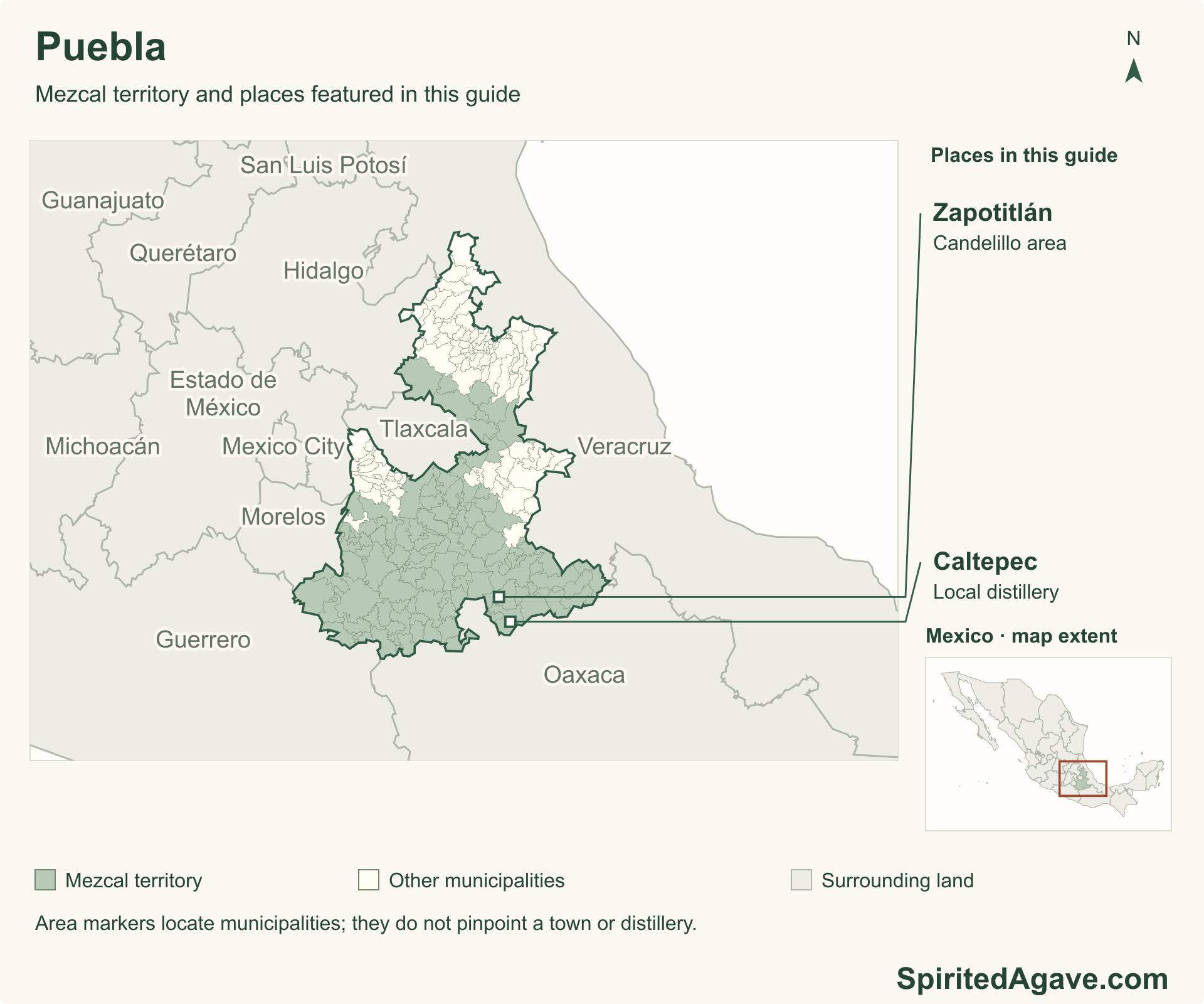 Map of Puebla distinguishing the 118 municipalities within the protected Mezcal territory, including the municipalities of Puebla and Huaquechula, from other municipalities. Neighboring states provide orientation; named markers identify municipal areas discussed in the article.