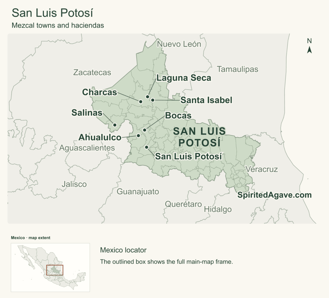San Luis Potosí with its municipalities and neighboring states. Labels identify Charcas, Laguna Seca, Santa Isabel, Salinas, Ahualulco, Bocas and the state capital.