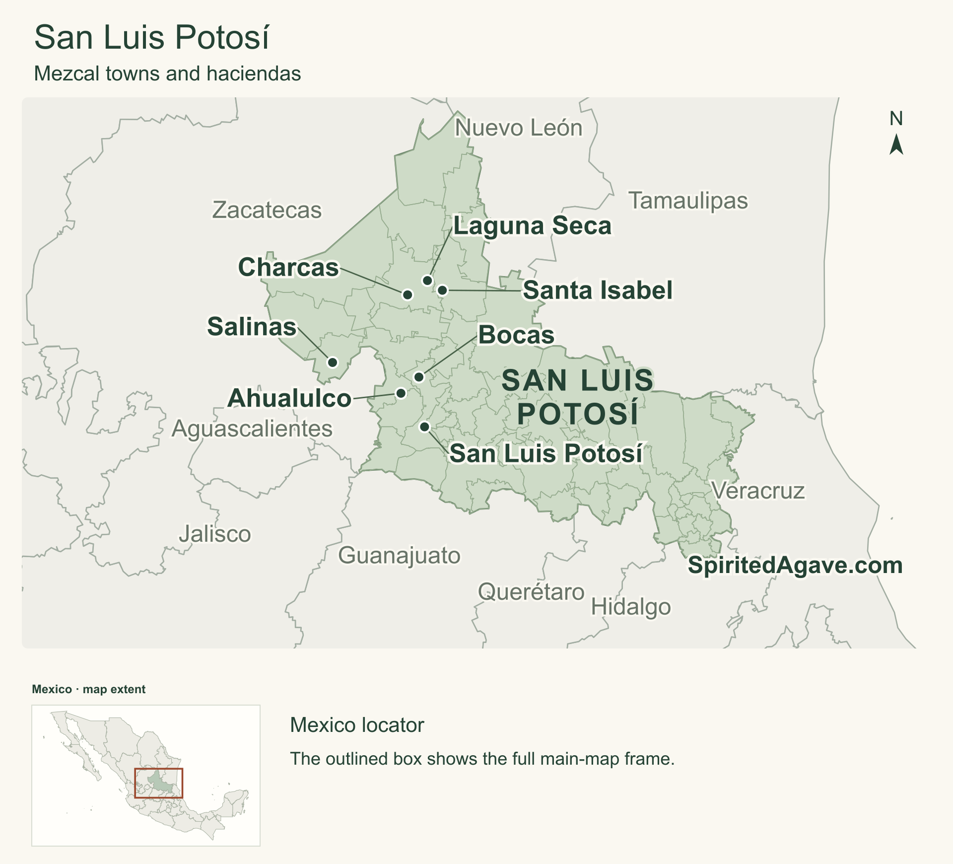 San Luis Potosí among its neighboring states, with municipal boundaries inside the state and Charcas, Laguna Seca, Santa Isabel, Salinas, Ahualulco, Bocas and the state capital marked.