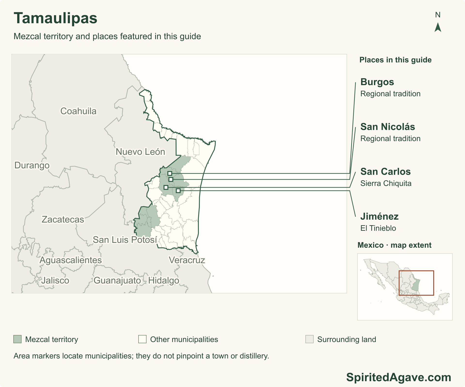 Map of Tamaulipas highlighting the eleven municipalities included in the protected Mezcal territory. Neighboring states provide orientation; named markers identify municipal areas discussed in the article.