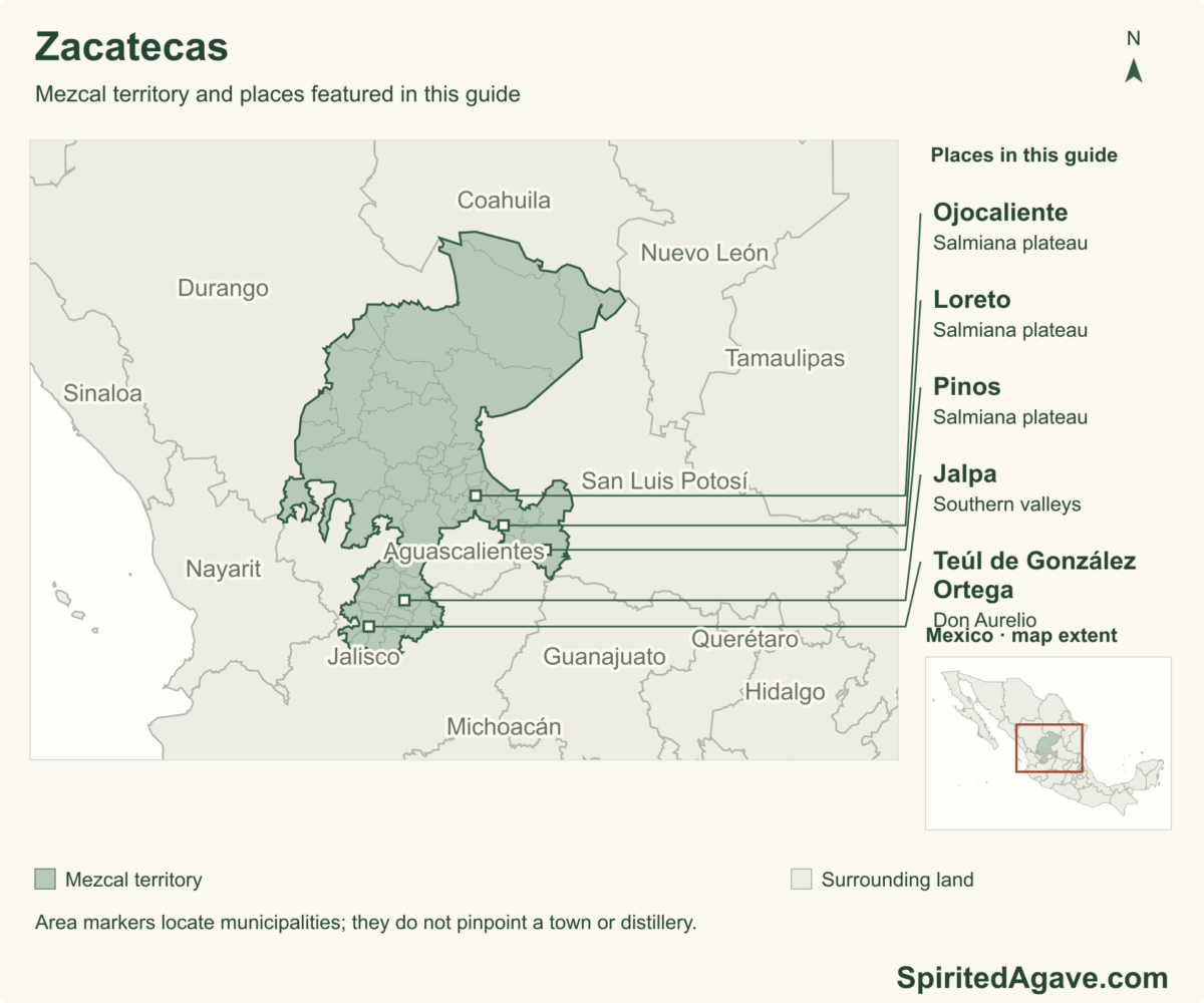 Mezcal territory and places featured in this guide. 58 municipal boundaries in the featured state. Named markers are municipal areas, not exact distillery locations.